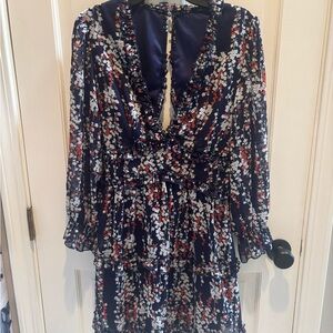 Amazon Blue and Pink Plunge Neck Long Sleeve Sundress